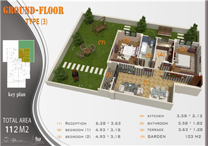 أرضي 112م + حديقة 103م
